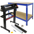 720mm vinyl cutter with a sleek black finish, accompanied by a blue workbench, weeding kit, and rolls of vinyl material