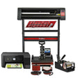 PixMax Da Vinci Bundle featuring a heat press, vinyl cutter, and CIS printer, showcasing sleek black and red design with various tools for signmaking