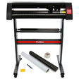 Vinyl cutter with a sleek black and red design, featuring a weeding kit, rolls of vinyl, and a cutting tool for precise crafting
