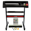 PixMax vinyl cutter plotter with a sleek black design, includes weeding pack, transfer tape, and instructional manual on a sturdy stand