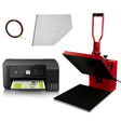 Red PixMax T-Shirt sublimation heat press machine with a clam design, 38cm x 38cm, accompanied by transfer paper and tape