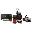Versatile PixMax 5 in 1 heat press and printer set featuring a sleek black printer, a sturdy heat press, and multiple attachments for various printing needs