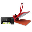 Red clam heat press with a large flat surface and a black printer, showcasing a vibrant orange heat plate for printing projects