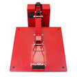 Bright red PixMax 50cm clam heat press with a sturdy base, adjustable handle, and digital control panel for precise temperature settings