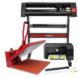 PixMax 50cm clam heat press in red, vinyl cutter, printer, and weeding tools, showcasing versatile crafting equipment for custom designs