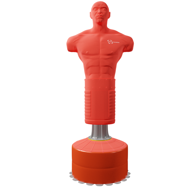 Extra large free-standing boxing dummy in vibrant red, featuring a muscular torso and sturdy base for stability during training sessions