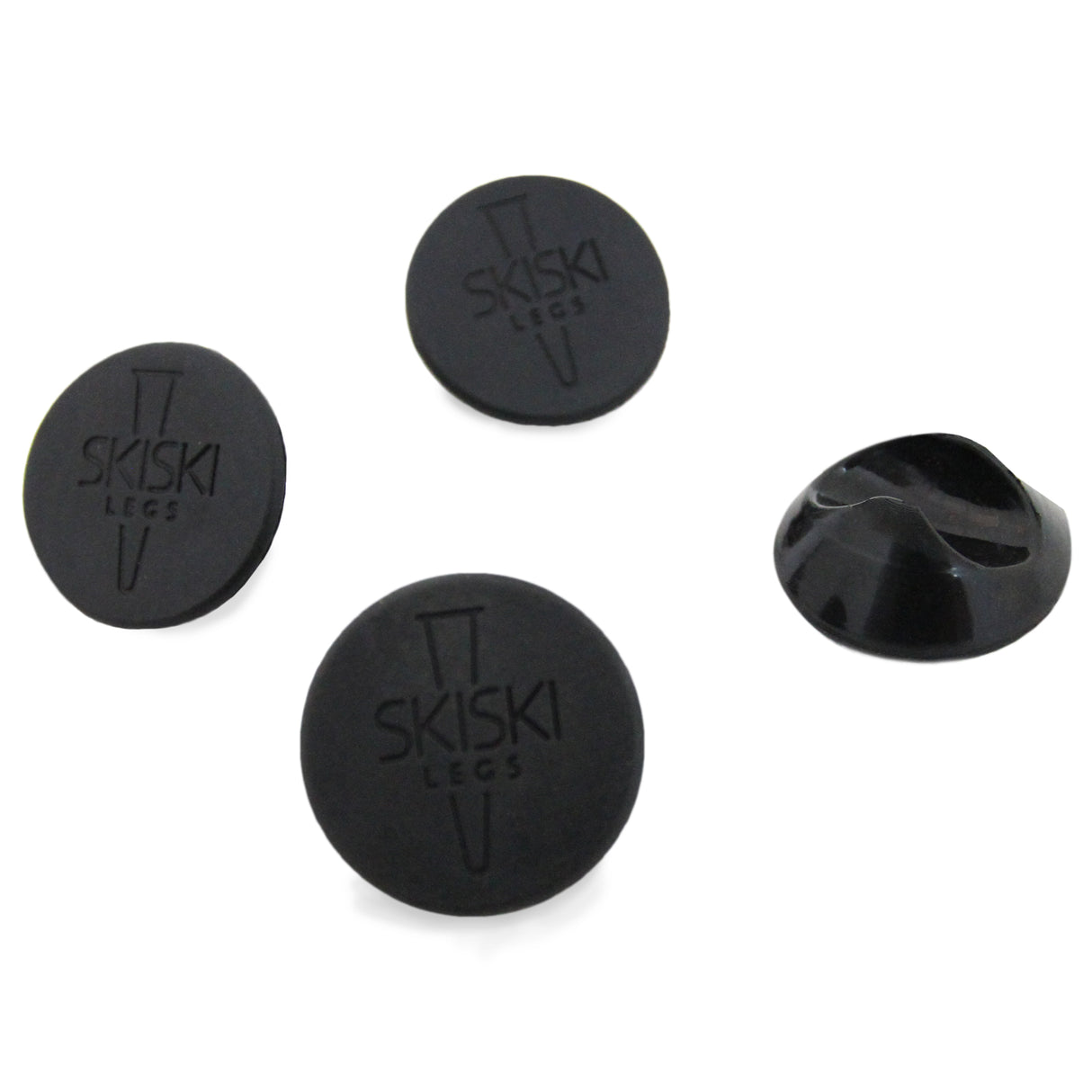 Black 10mm hairpin leg protectors with a smooth texture, featuring a logo, designed to prevent scratches on floors