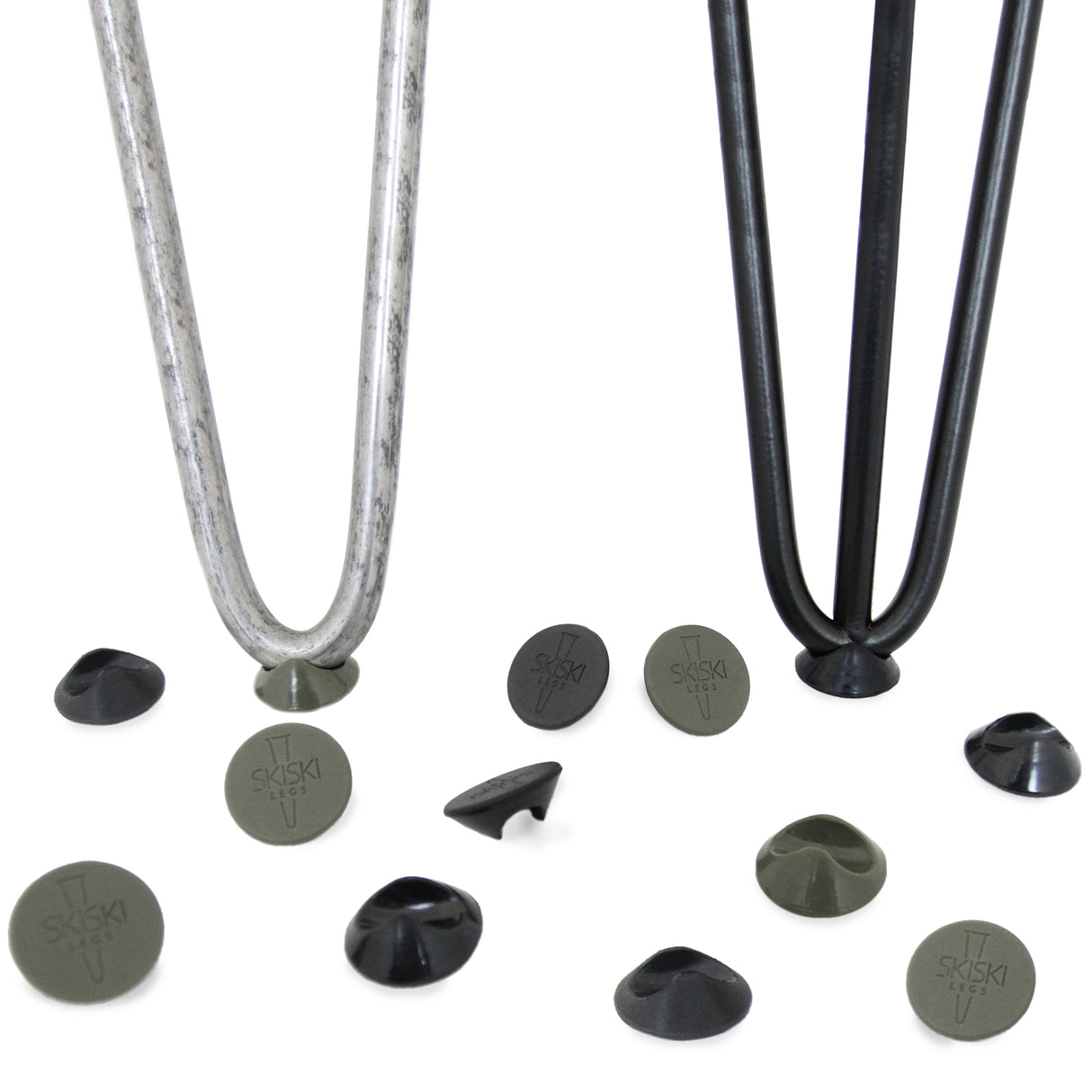 Grey 10mm hairpin leg feet protectors in various shapes, designed to prevent scratches on floors and enhance stability