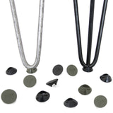 Black 12mm hairpin leg feet protectors in various shapes, including round and pointed, arranged around two hairpin legs