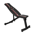Adjustable weight bench with a sleek black padded surface, red and white stripes, and a sturdy black metal frame for stability