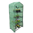 Four-tier greenhouse with a green PE cover, featuring sturdy shelves filled with colorful potted flowers and plants