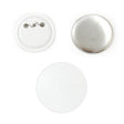 Assorted 37mm badge components including a shiny silver pin, a white backing, and a clear plastic cover for custom badges