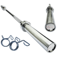 Shiny silver Olympic barbell with textured grip, featuring two spring collars, ideal for strength training and weightlifting