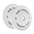 Two Body Revolution Olympic bumper plates in white, each weighing 5 kg, featuring a smooth surface and bold black lettering