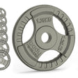 Cast iron tri-grip weight plates in various sizes, featuring a textured surface and clear weight markings for easy identification