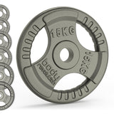 Cast iron Olympic tri grip weight plate in a sleek gray finish, featuring raised lettering and ergonomic grip design for easy handling