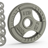 5 kg Olympic tri grip cast iron weight plate with a textured surface, featuring a central hole and clear weight markings for easy identification