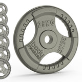 Olympic tri grip cast iron weight plate in gray, featuring a 25KG label, textured surface, and ergonomic grip for easy handling