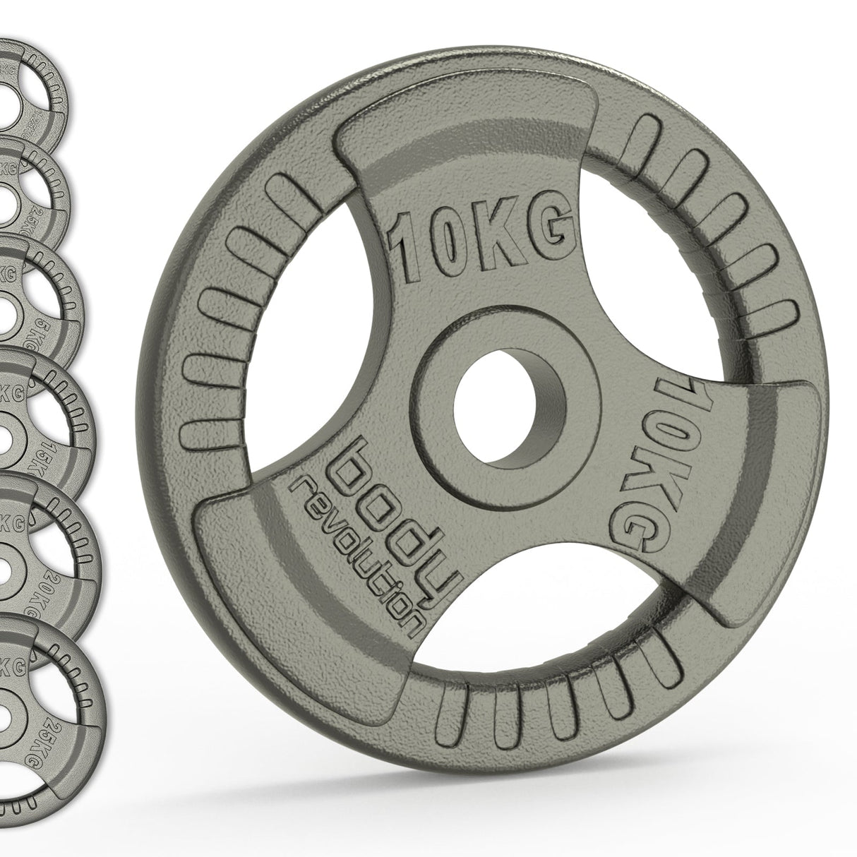 Olympic tri grip cast iron weight plates in gray, featuring raised lettering and textured grip for easy handling, available in various weights