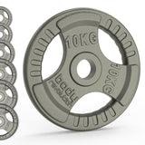 Gray cast iron Olympic tri grip weight plate with a 10KG label, featuring textured edges for a secure grip and a central hole for easy handling