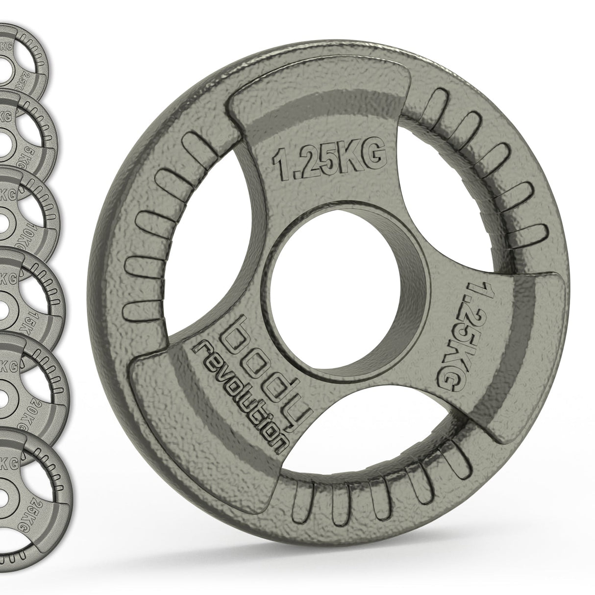 Olympic tri grip cast iron weight plate in gray, featuring textured surface, clear weight markings, and ergonomic grips for easy handling