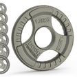 Olympic tri grip cast iron weight plate in a sleek gray finish, featuring a textured surface and clear weight markings for easy identification