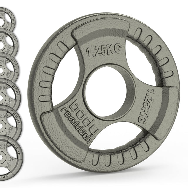 Gray cast iron Olympic tri grip weight plate with textured surface, featuring clear weight markings and a central hole for easy handling