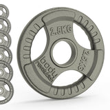 Gray cast iron Olympic tri grip weight plate, 2.5kg, featuring textured surface and ergonomic grips for easy handling