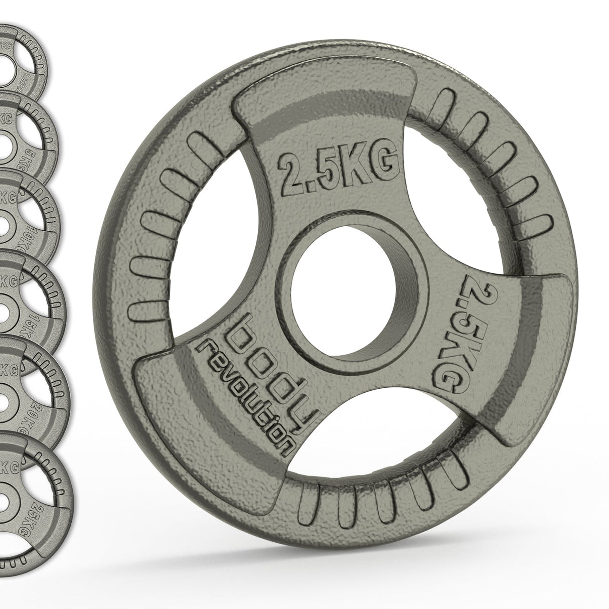 Olympic tri grip cast iron weight plate in gray, featuring a textured surface, bold 2.5KG marking, and ergonomic grips for easy handling