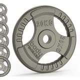 20kg Olympic tri grip cast iron weight plate featuring a smooth gray finish, textured grip, and clear weight markings for easy identification