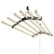 Ceiling-mounted black clothing airer with six wooden drying rods, featuring a sleek design and sturdy pulley system for efficient drying