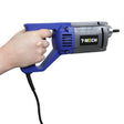 T-Mech concrete vibrator featuring a blue ergonomic handle and textured silver body, designed for efficient concrete mixing and leveling