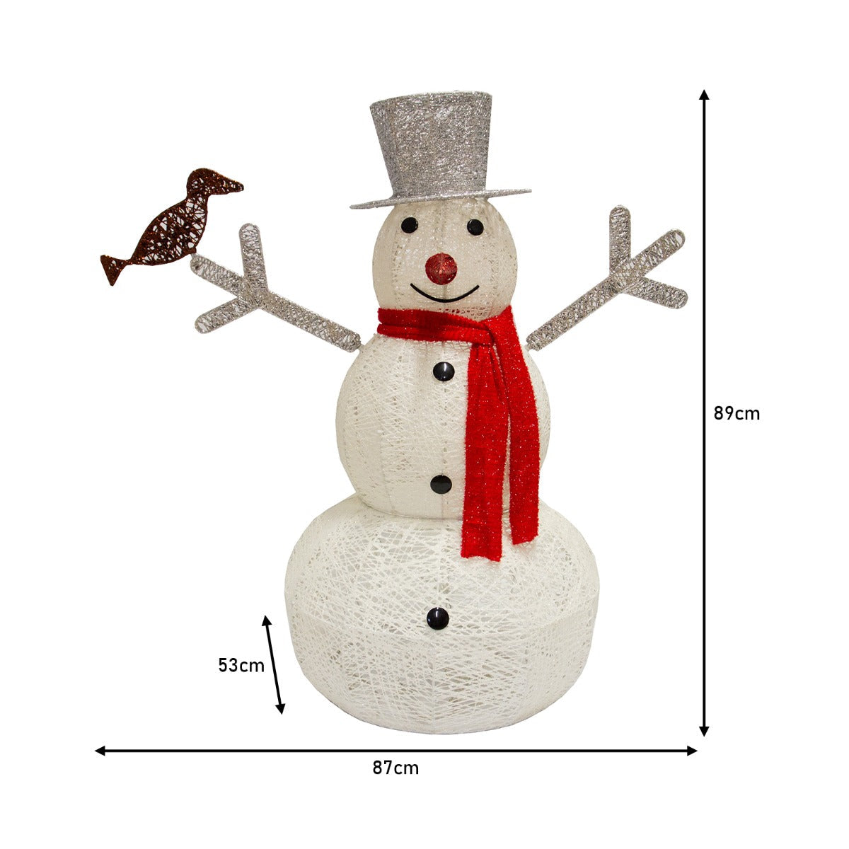 Light-up snowman with a glittery top hat, red scarf, and black buttons, accompanied by a decorative bird, perfect for festive decor