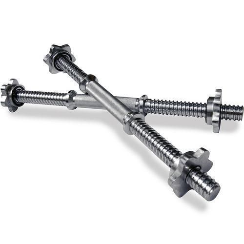 Durable 18-inch dumbbell bars with a sleek silver finish, featuring textured grips and star-lock collars for secure weight plates