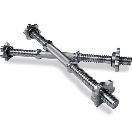 Durable 18-inch dumbbell bars with a sleek silver finish, featuring textured grips and star-lock collars for secure weight plates