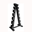 Sturdy black dumbbell weight rack with an A-frame design, featuring multiple slots for organized storage and easy access