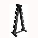 Sturdy black dumbbell weight rack with an A-frame design, featuring multiple slots for organized storage and easy access