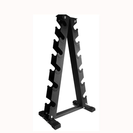 Sturdy black dumbbell weight rack with an A-frame design, featuring multiple slots for organized storage and easy access