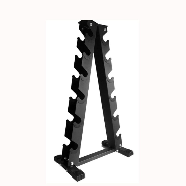 Sturdy black dumbbell weight rack with an A-frame design, featuring multiple slots for organized storage of weights