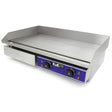 Stainless steel KuKoo 70cm wide electric griddle with a smooth cooking surface, adjustable temperature knobs, and a sleek design