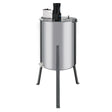 Stainless steel electric honey extractor with a sleek cylindrical design, featuring a motor on top and sturdy metal legs for stability