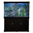 Black aquarium fish tank with natural gravel, vibrant plants, and colorful fish, set on a sleek cabinet with storage doors