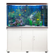 Aquarium fish tank cabinet in white with gravel, featuring vibrant fish, lush plants, and a natural rock formation inside
