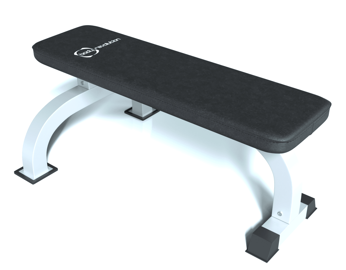 Black padded flat bench with a sleek white metal frame and rubber feet, ideal for strength training and workouts