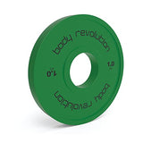 Bright green fractional bumper plate, 1.0 kg, featuring a smooth texture and a central hole for easy barbell attachment