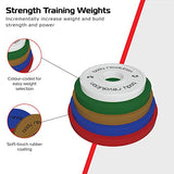 Color-coded fractional bumper plates in soft-touch rubber, featuring a central hole for easy weight selection and stacking