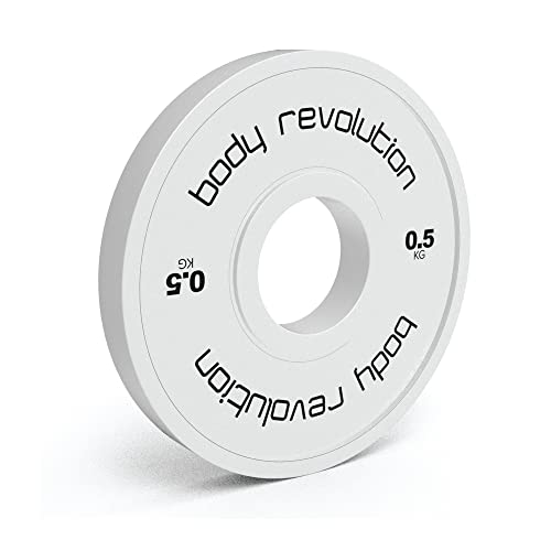 White fractional bumper plate with a smooth surface, featuring a central hole and clear black lettering indicating weight of 0.5 kg