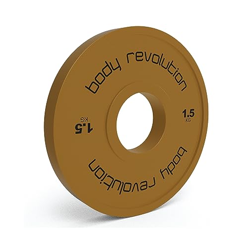1.5 kg fractional bumper plate in vibrant orange rubber, featuring a central hole and bold black lettering for easy identification