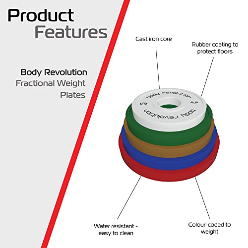 Color-coded fractional bumper plates stacked, featuring a durable rubber coating and a cast iron core for floor protection