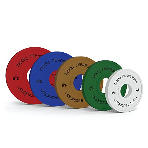 Colorful fractional bumper plates in red, blue, green, brown, and white, featuring a durable rubber texture and clear weight markings